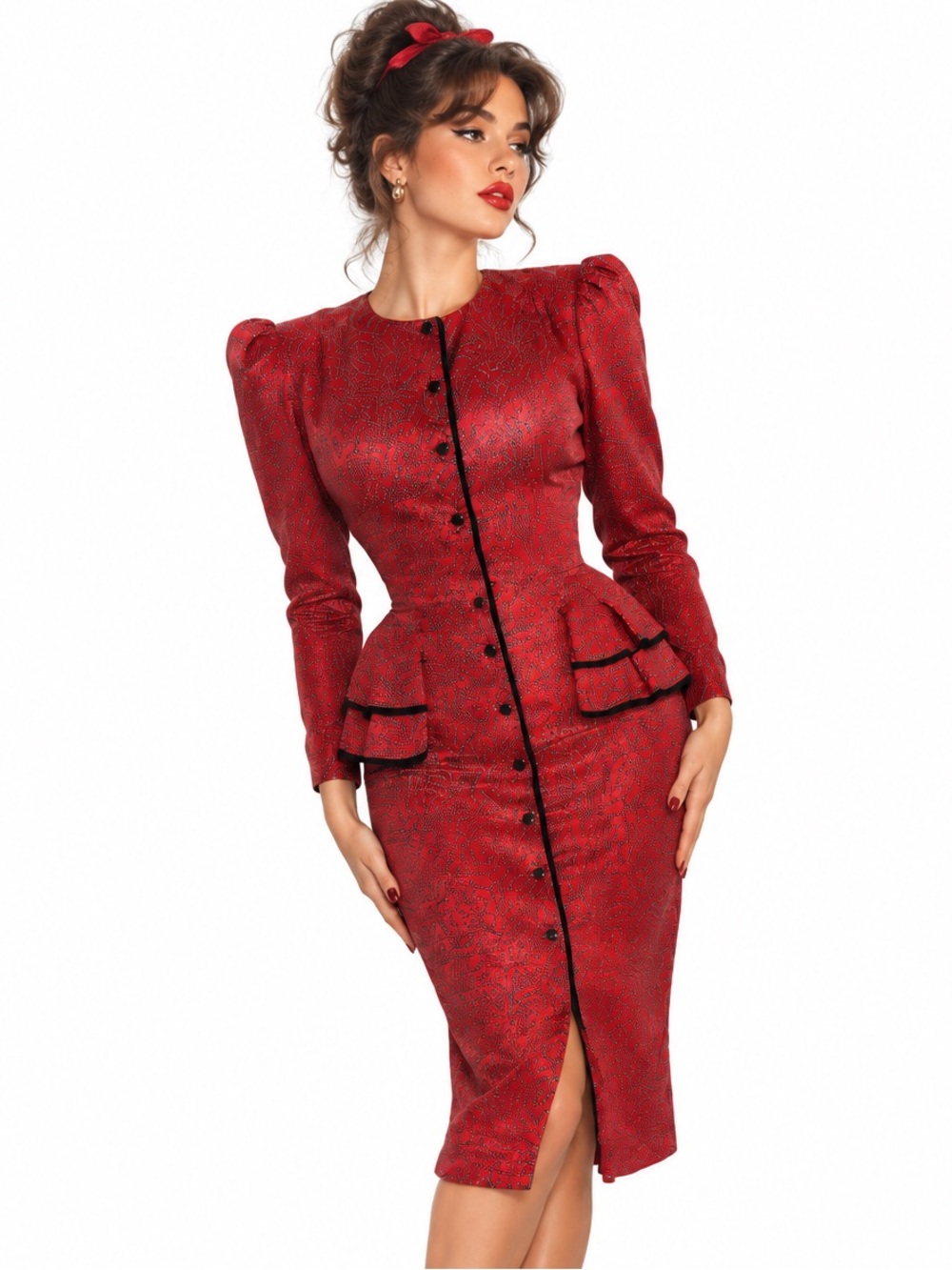 VINTAGE 90"s Pin-Up Style Red Button-Front Peplum Dress